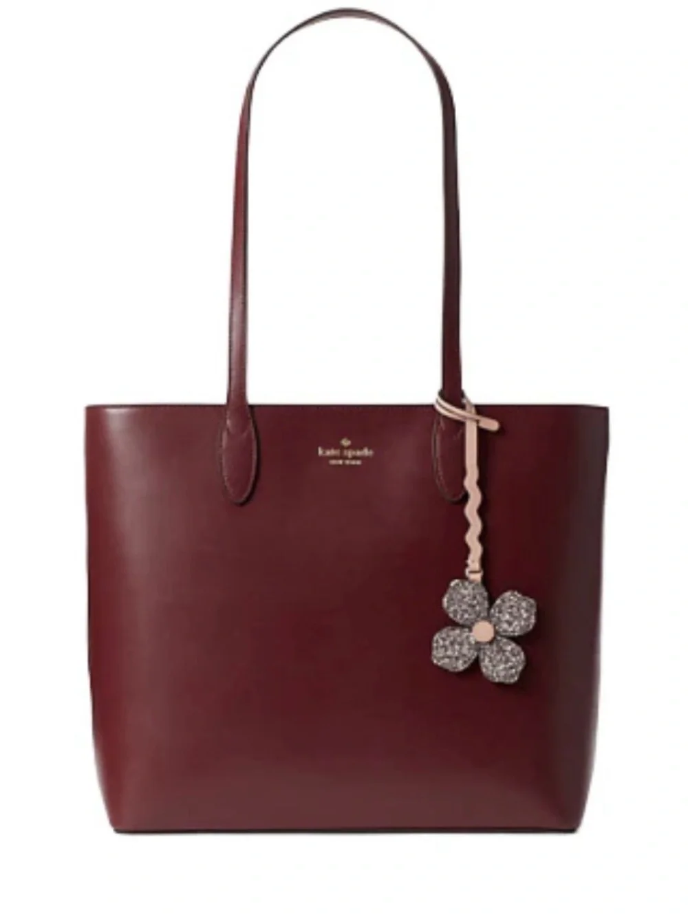 Kate Spade Burgundy Leather Tote with Pink Flower Charm